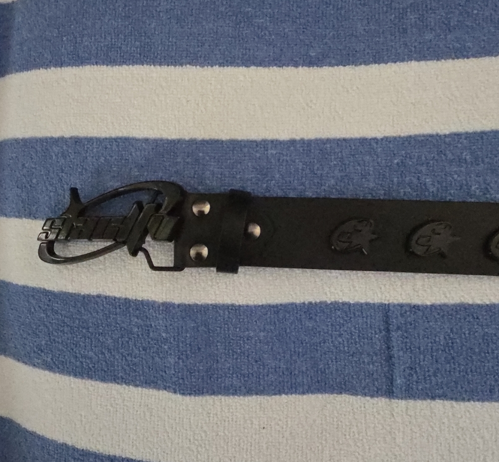 Black Leather Belt with Branded Buckle and Embossed Motifs